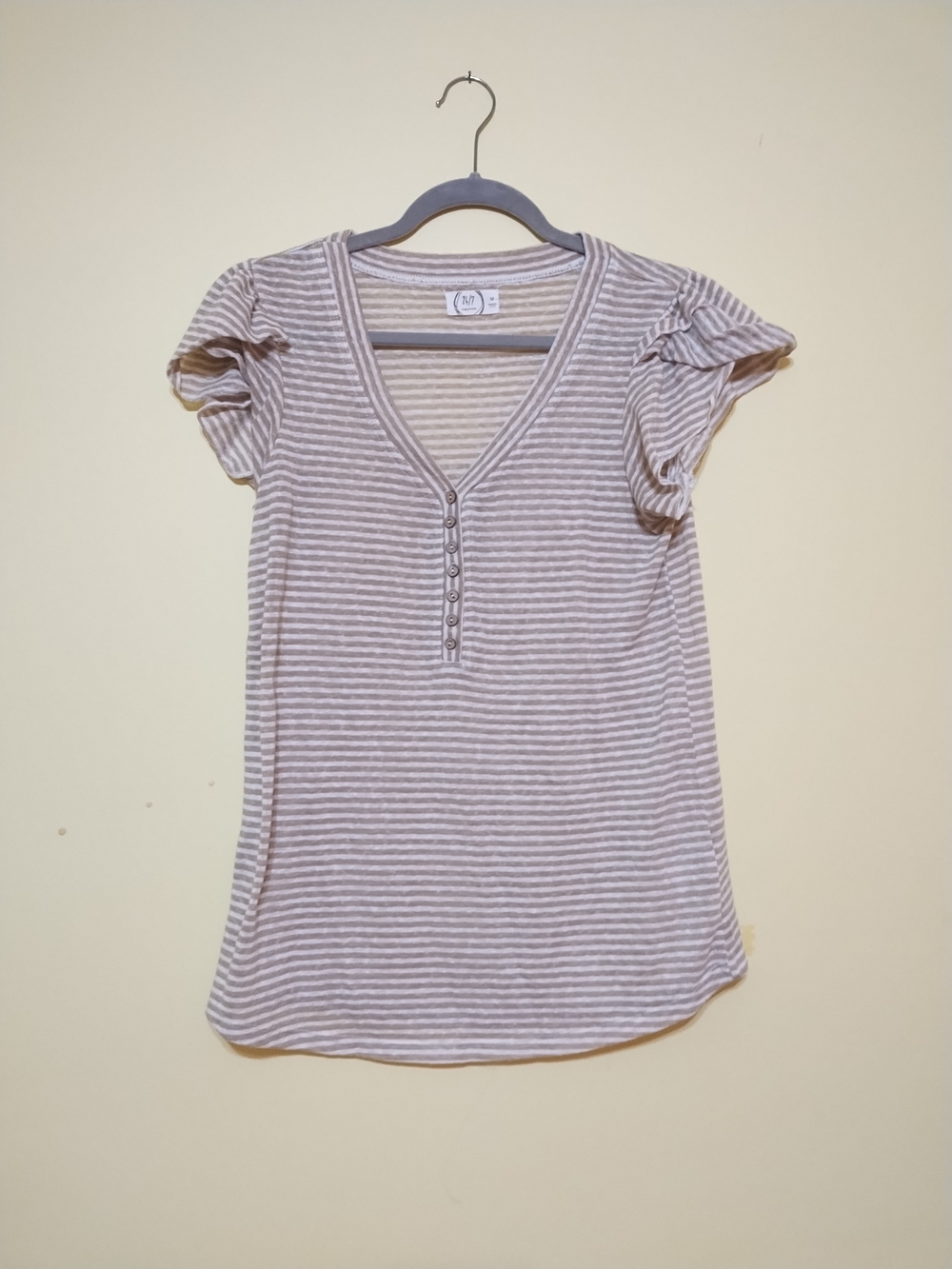 Maurices Beige and White Striped Short-Sleeve Henley Top